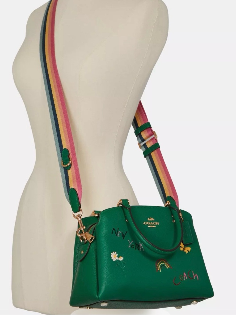 COACH Green Leather Satchel with Rainbow Striped Strap